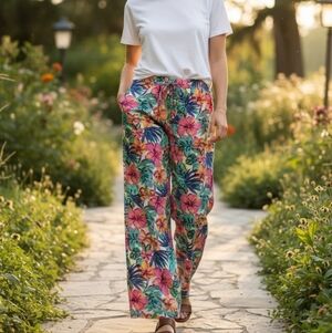 Stella Parker Collection Palazzo Floral Elastic Tropical Rayon Beachy Pants M